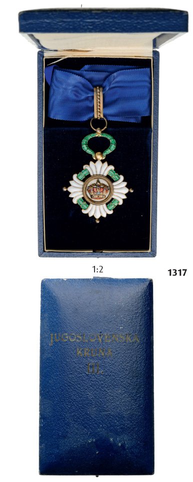 ORDER OF THE CROWN: Country: SERBIA & KINGDOM OF YUGOSLAVIA Commander 's Cross, 3rd Class. Neck Badge, 55 mm, both sides enameled (minor damages in the white enamel), both central medallions silver gilt, enameled, origin