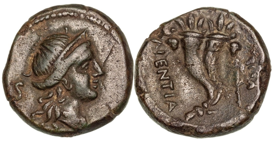 BRUTTIUM, Vibo Valencia (after 195 BC), Æ Semis (3.67 g, 16 mm): Head of Juno right/ Double cornucopiae, carnyx in right field. HN Italy 2263. XF