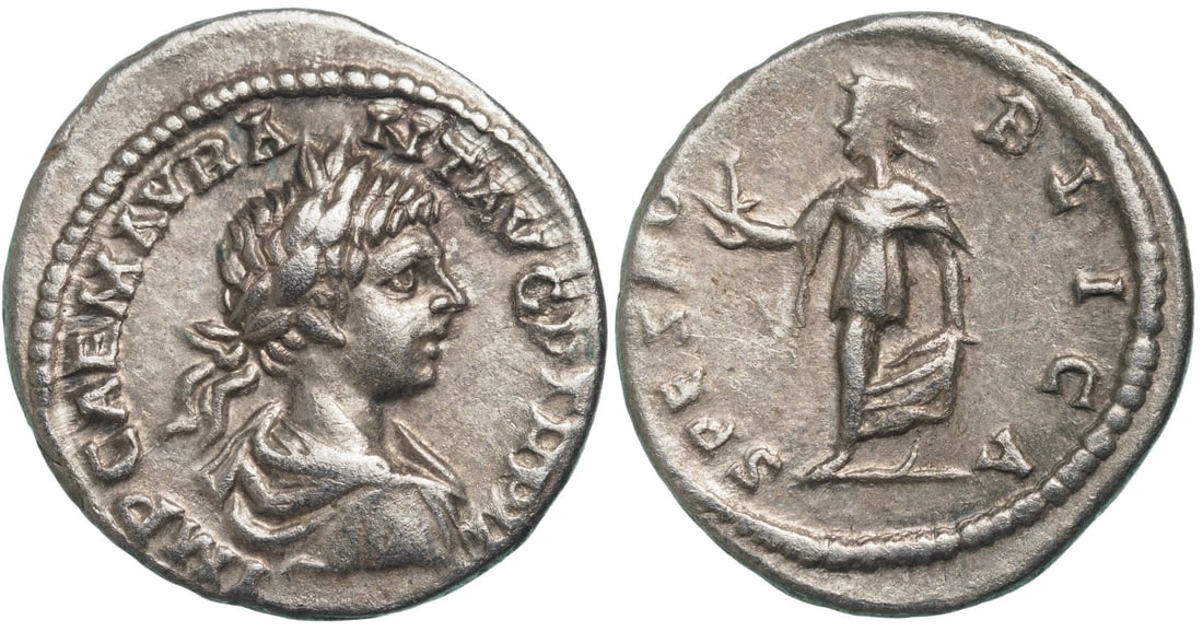Caracalla (198-217) Denarius, Silver (18 mm, 3.3 g) Lycos mint (Syria), AD 199: IMP CAE M AVR A-NT AVG P TR P II, laureate drapped bust to right/ SPES PV-BLICA, Spes walking left holding flower and lifting skirt. RIC 341. XF