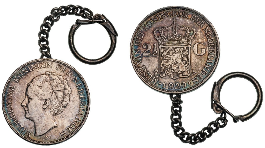 Wilhelmina (1880-1948) 2,5 Gulden 1929: Silver, 30.79 g. Mounted as a key chain. XF