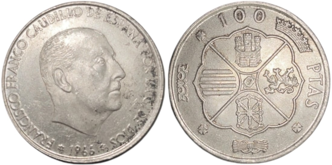 Francisco Franco (1936-1975), 100 Pesetas 1966, Madrid mint: Silver, 19 g. KM# 797, Cal# 11. Brilliant Uncirculated!