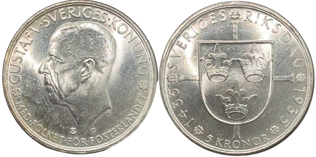 Gustav V (1907-1950) 5 Crowns 1935, 500 th Anniversary of the Riksdag, Stockholm mint.: Silver, 25.06 g. KM# 806, Dav ECT# 357, N# 12993. Brilliant UNC, with mint luster, Prooflike!