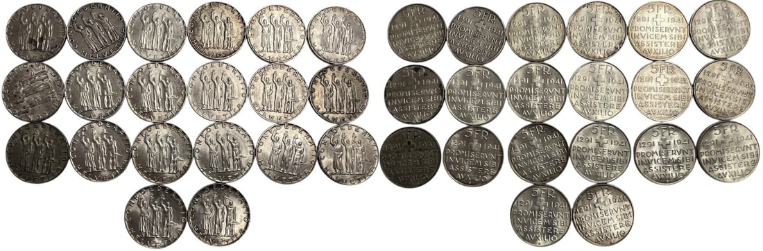 5 Francs 1941, 650th Anniversary of the Confederation; Bern Mint. Lot of 20 Coins. (1 of 1)