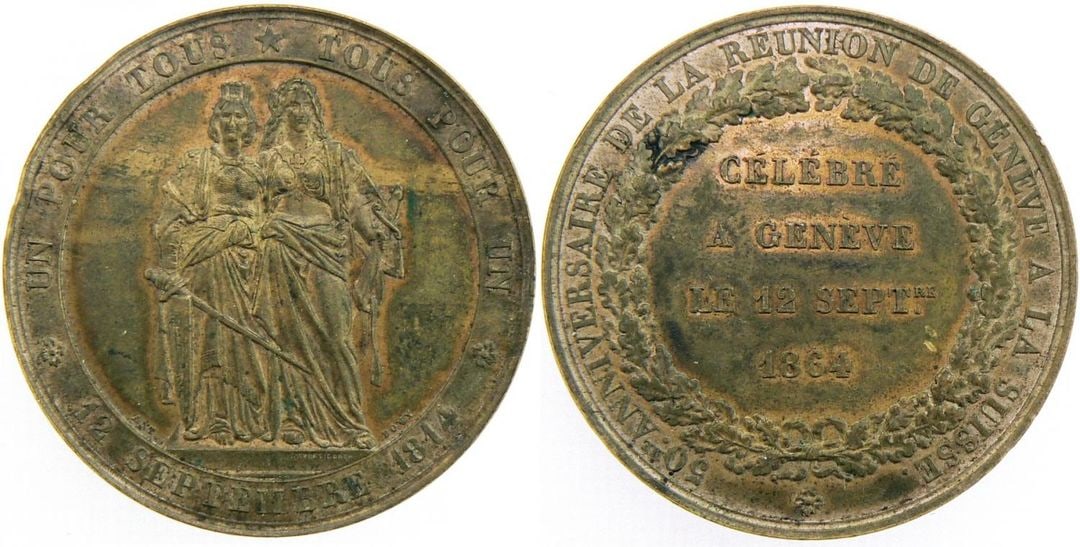 Commemorating Medal of the "50th Anniversary of Geneva's Realignment with Switzerland, 12 September: Signed A. Bovy, gilt Bronze (47 mm, 56.21 g). Leu 431570. XF