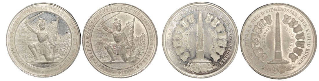 Medals to the 400th Anniversary of the Battle of Murten and the Victory over Charles the Bold 1876,: Signed Durussel, White Metal (47 mm, 33 g). XF-UNC! (2)