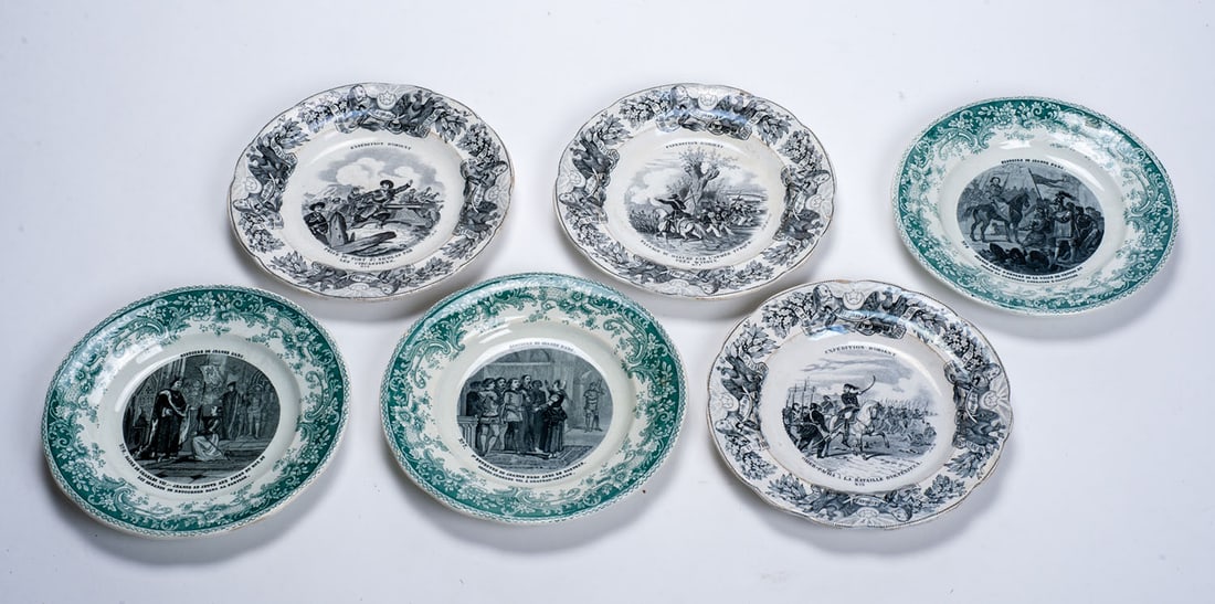 Set of 6 plates: Set consisting of six earthenware dessert plates, France Creil & Montereau nineteenth, series of "The Story of Joan of Arc" and Gien Geoffroy & Cie, XIXth, series of "The Expedition of Orient". Molded
