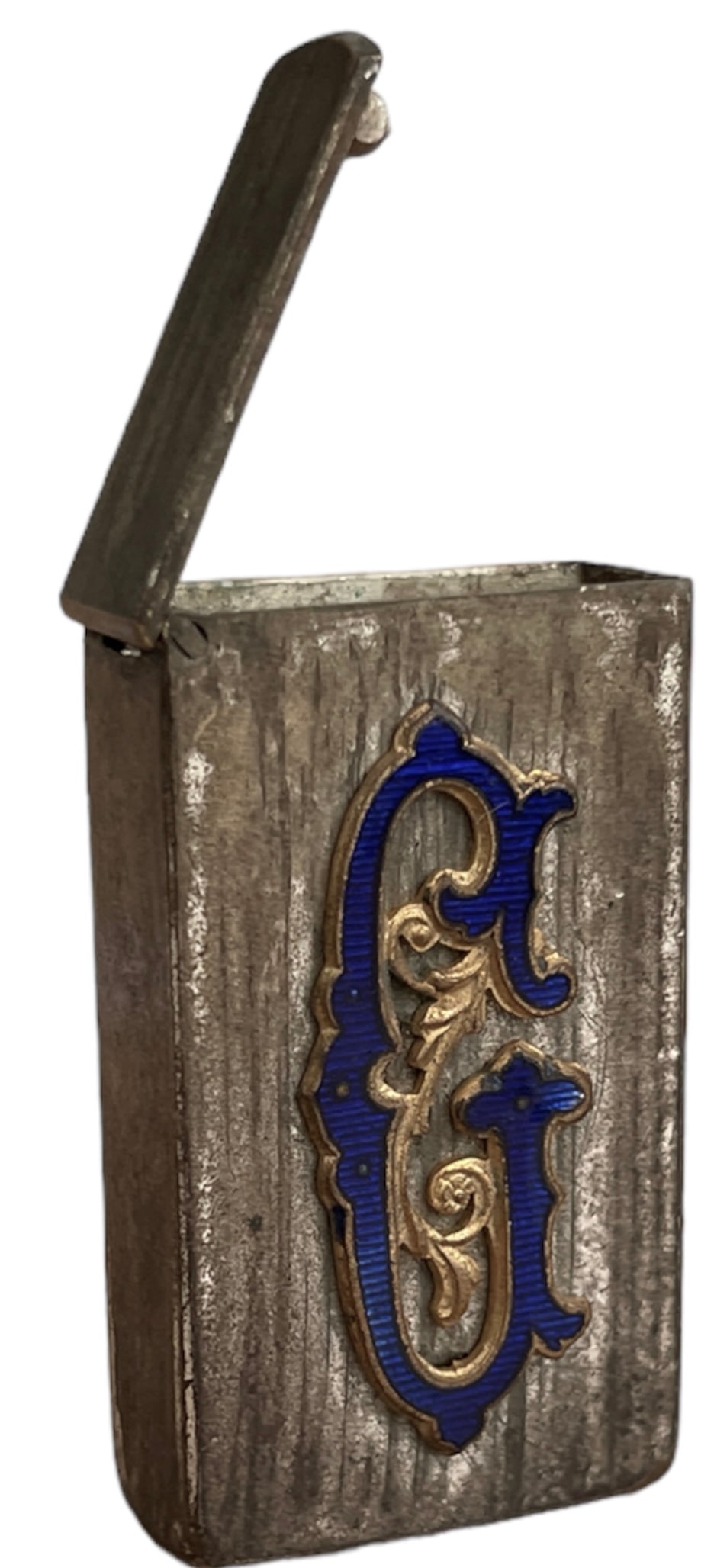 Silver Sulfur Matchbox: Pyrogenic, silver sulfur matchbox, flap lid model, monogram letter "C" highlighted in black, scraper underneath. Old, end of the 19th century. Dimensions 4 x 2 x 1 cm, weight 18 g. Very fine general c