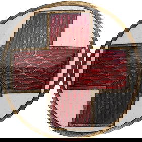 Red Cross Badge: Breast Badge, 20 mm., gilt Bronze, enameled, original pin on reverse. Extremely fine condition! I