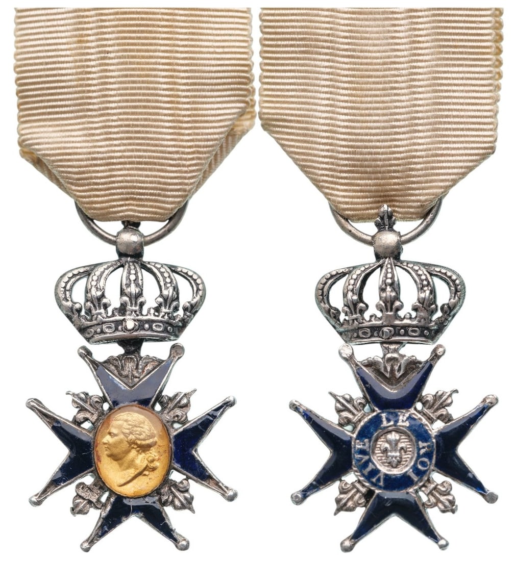 Lys Order, 1814: Breast Badge, 32x20 mm., GOLD and Silver, original suspension crown, ring and ribbon. A beautiful medal, in extremely fine condition! I- R!
