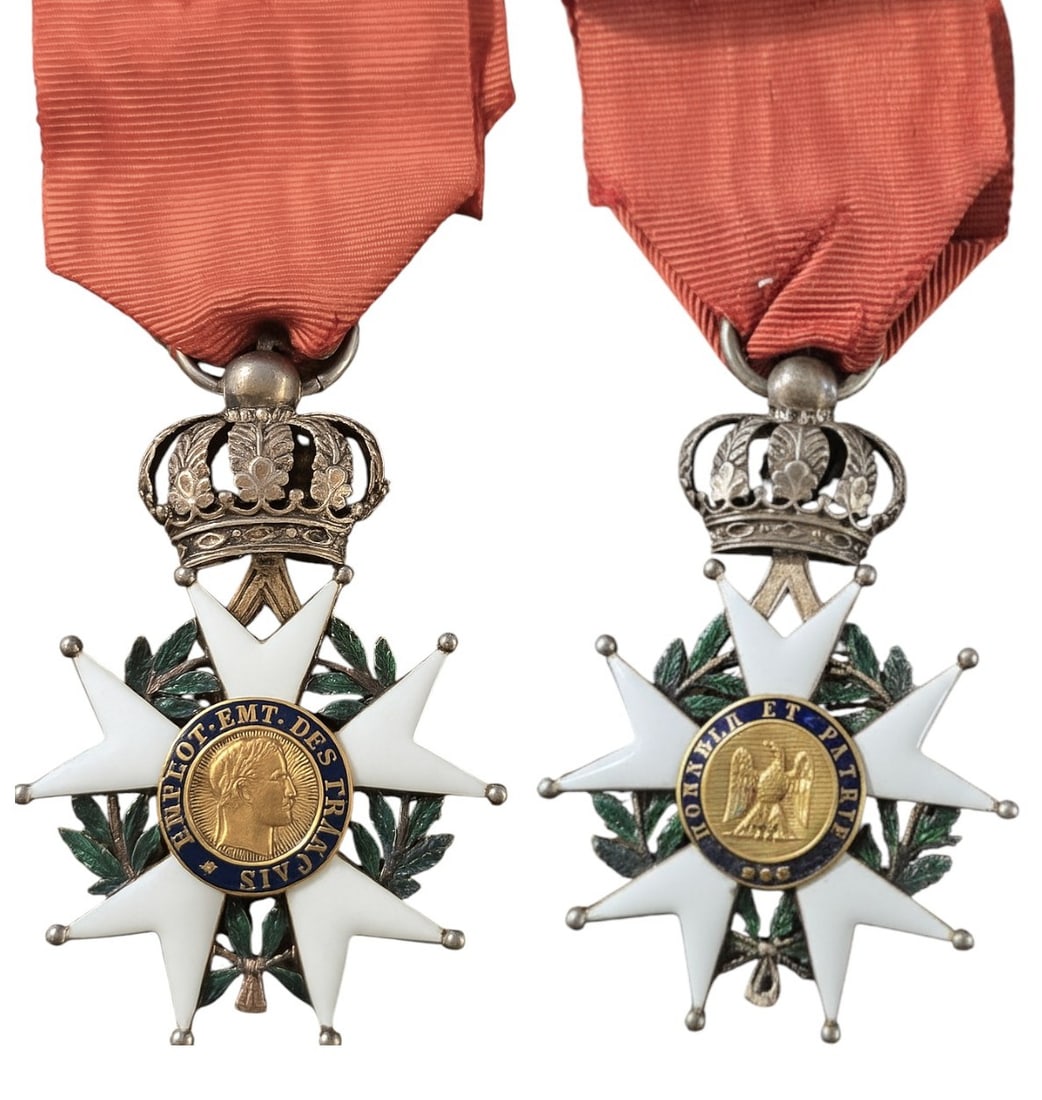 ORDER OF THE LEGION OF HONOR: Knight's Cross, Presidence Type (1848-1852), instituted in 1802. Breast Badge, 62x42 mm, Silver, enameled, GOLD centers, original suspension ring and ribbon. A rare model, in extremely fine condition!