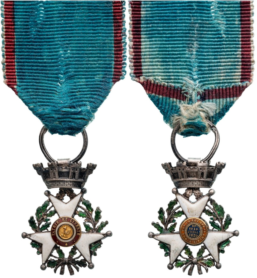 ORDER OF JULY CROSS, INSTITUTED IN 1831: Breast Badge Miniature, 25x19 mm, Silver, enameled both sides (damages), original suspension ring and ribbon. Rare! II R!