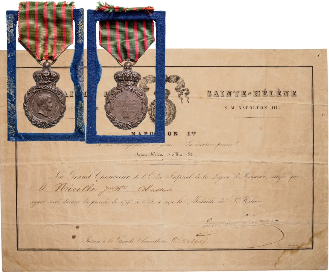 Medal of Saint Helena: Breast Badge, 51x31 mm, Bronze, original suspension ring and ribbon on frame, with original awarding document to a Rifle- man, dated 5th of May 1821.I