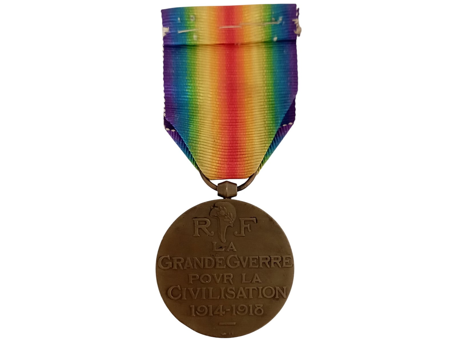 Inter-Allied Victory Medal 1914-1918: Breast Badge, 40x35 mm, Bronze, suspension ring and ribbon. I