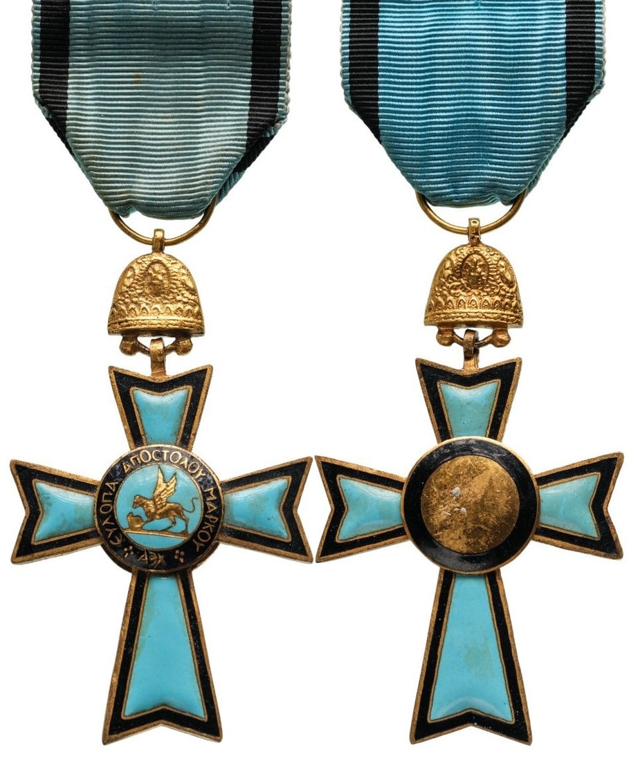 The Order of the Knight's of Saint Marc: Knight's Cross. Breast Badge. 71x41 mm., gilt Bronze, enameled, original supension ring and ribbon. I
