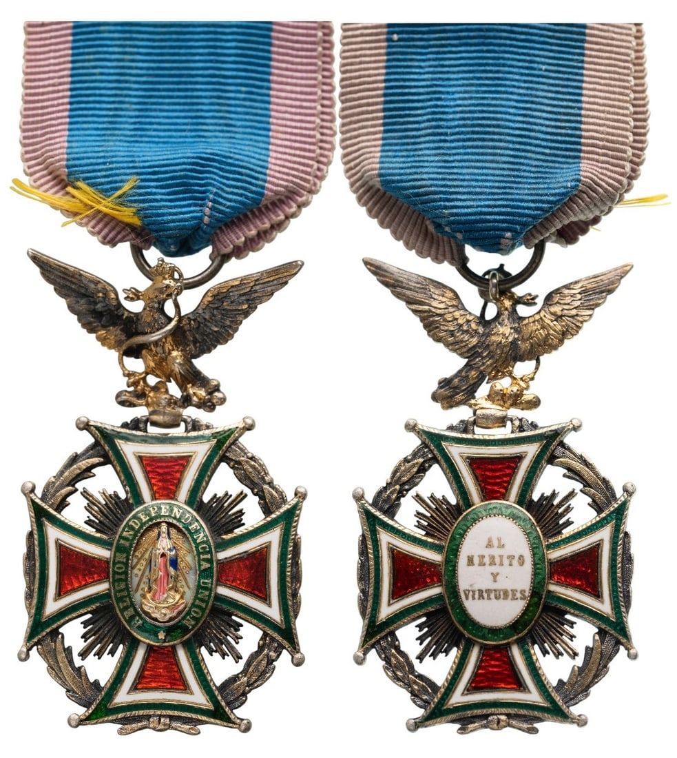 National Order of Our Lady of Guadalupe: Knight's Cross Civil, 5th Class, instituted in 1821. Breast Badge, 60x35 mm., Silver, both sides enameled, original suspension eagle, ring and ribbon. A superb order, in extremely fine condition! I-