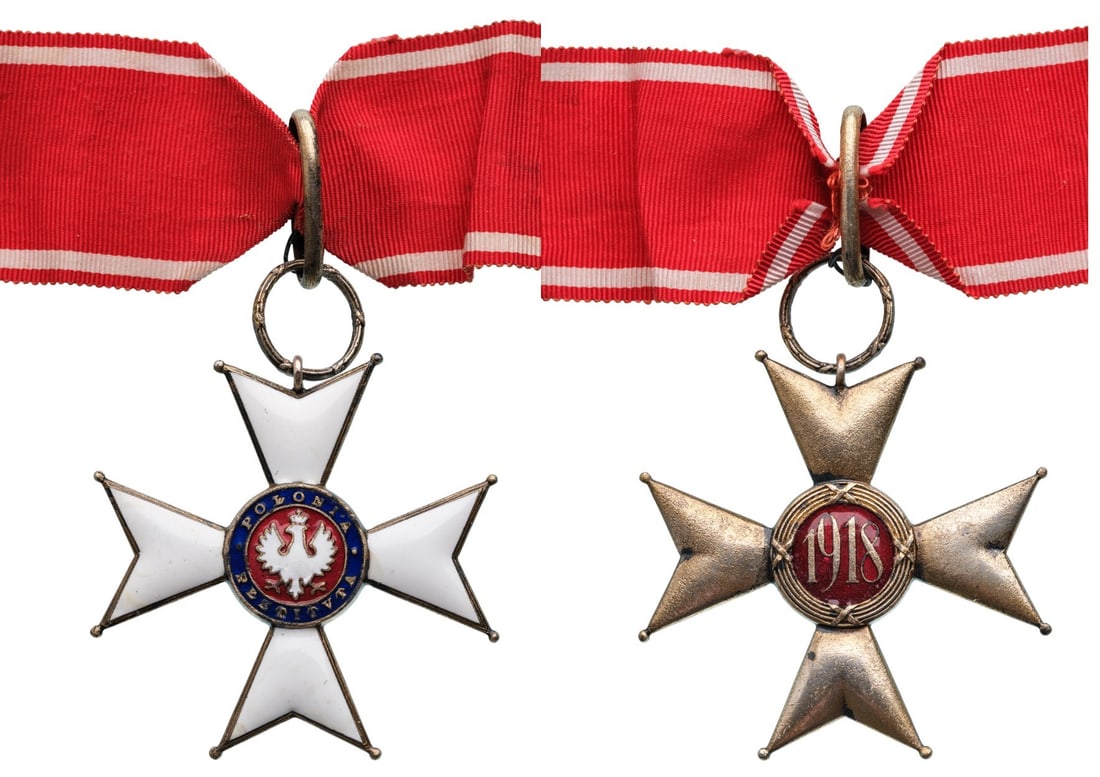 The Order of Polonia Restituta (Order Odrodzenia Polski): Commander's Cross, 3rd Class, 1st Model (1918). Neck Badge, 58 mm, Silver, both sides enameled, suspension ring, loop and ribbon. Extremely fine condition! I