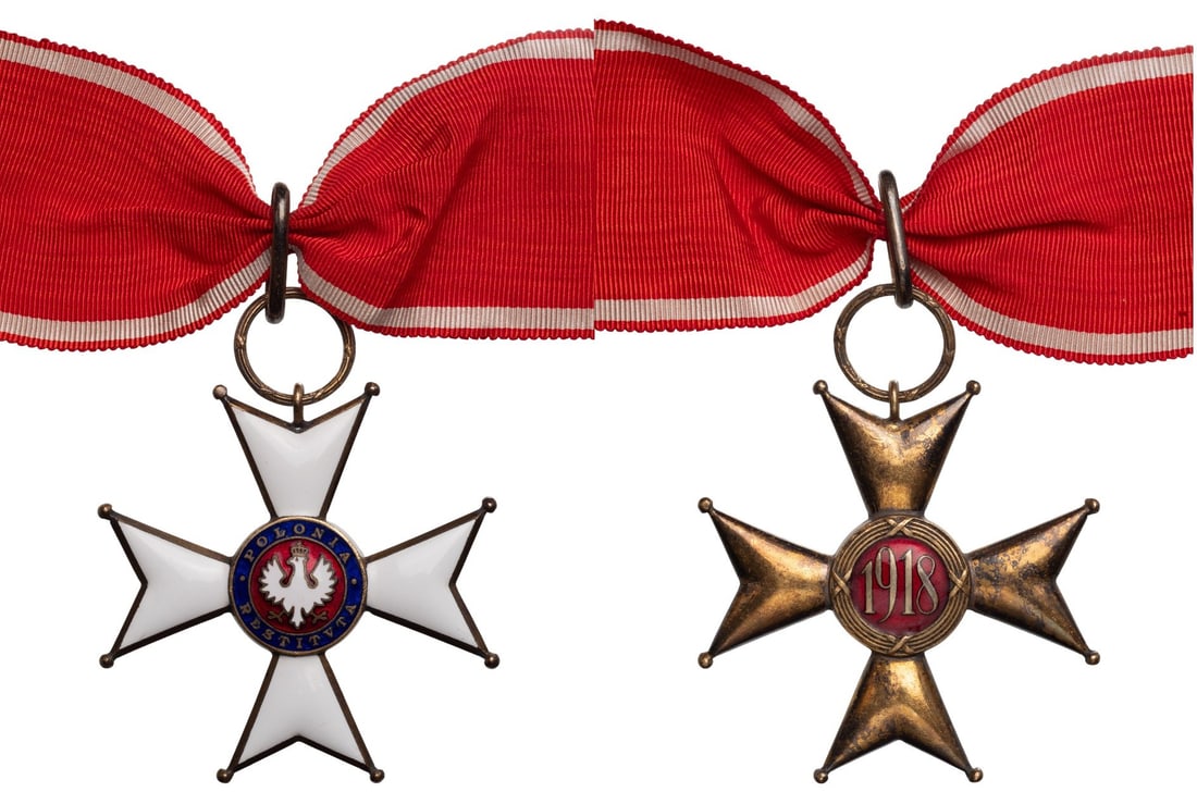 The Order of Polonia Restituta (Order Odrodzenia Polski): Commander's Cross, 3rd Class, 1st Model (1918). Neck Badge, 58 mm, Silver, both sides enameled, suspension ring, loop and complete ribbon. Extremely fine condition! I
