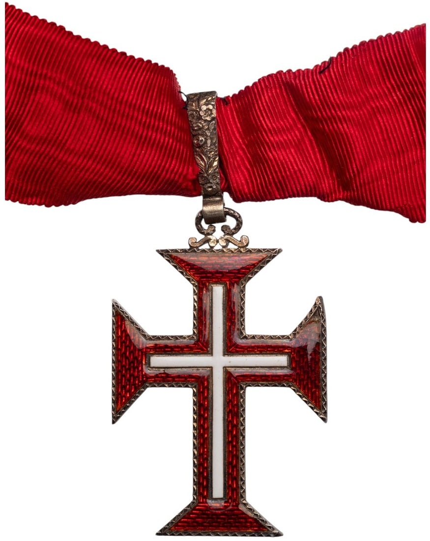 Military Order of Christ: Commander’s Cross, instituted in 1319. Neck Badge, 65x42 mm, gilt Silver, one-side enameled, upper, ornamented loop and long ribbon, extremely fine condition. I
