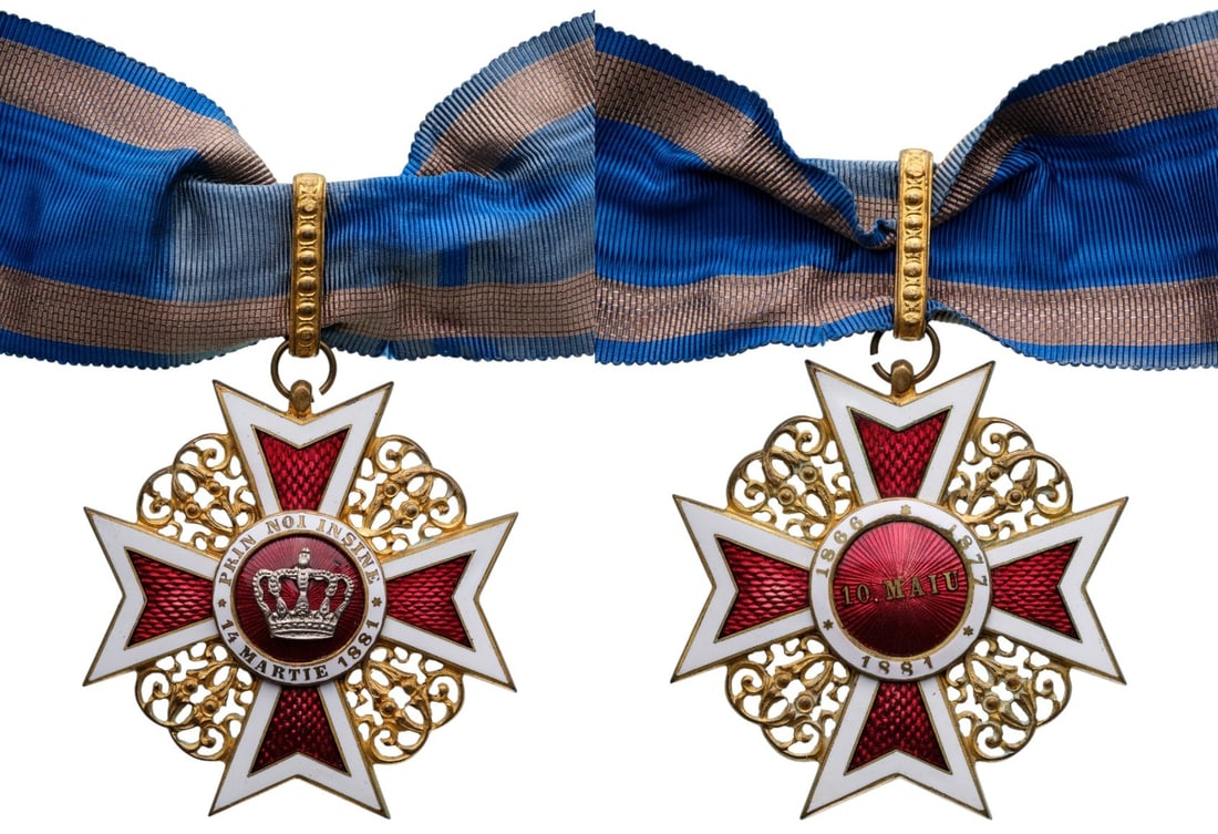 ORDER OF THE CROWN OF ROMANIA, 1881: Commander's Cross 1st Type, Civil. Neck Badge, 60 mm., gilt Bronze, both sides enameled, original ornamented suspension loop and ribbon. A superb French manufacture, in extremely fine condition! I