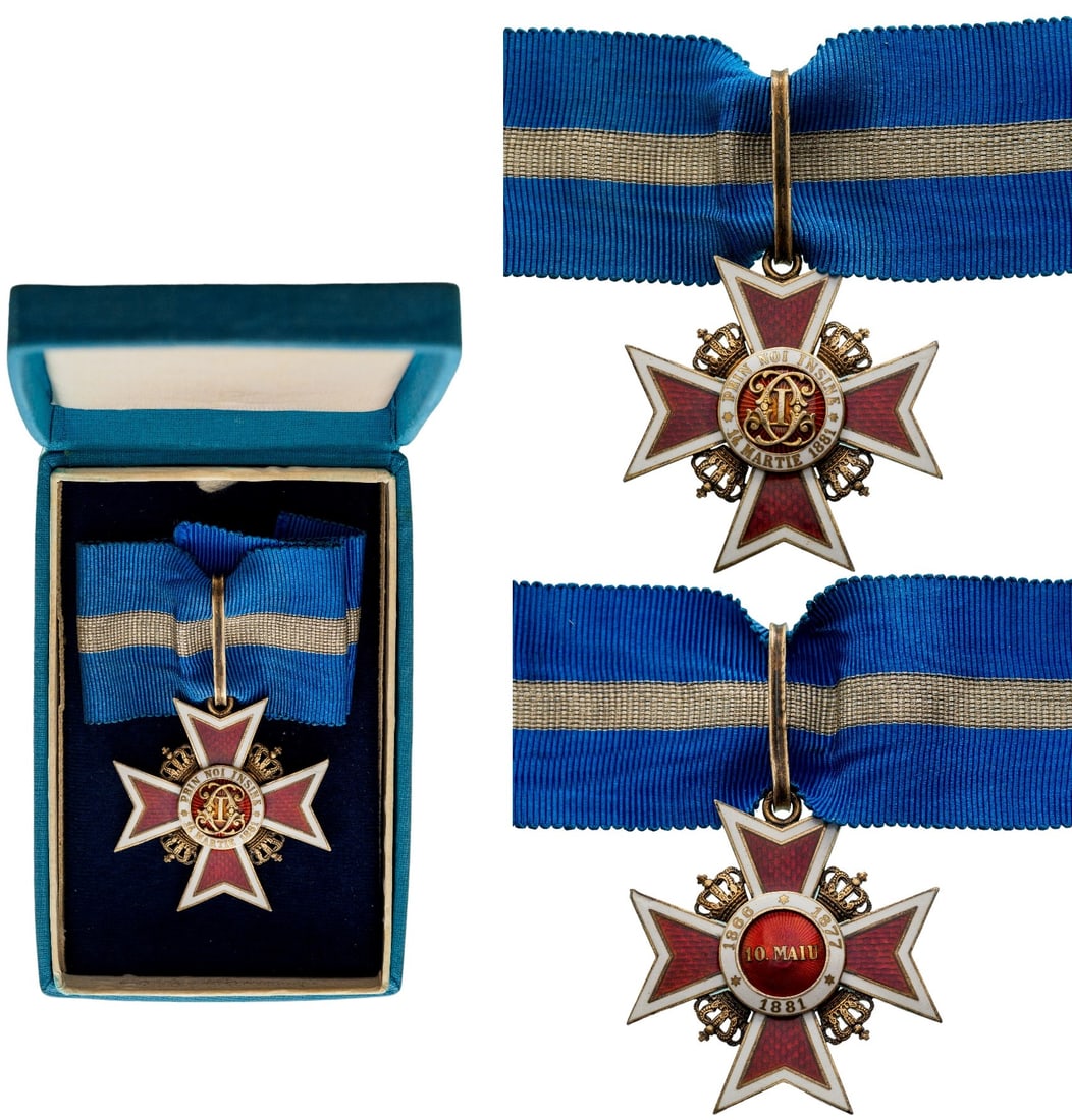 ORDER OF THE CROWN OF ROMANIA, 1881: Commander's Cross 2nd Type, Civil. Neck Badge, 49x46 mm, Silver, hallmarked "SILBER", maker's mark "CFZ - Zimmermann" both sides enameled, original suspension ring, loop and ribbon, in replacement cas