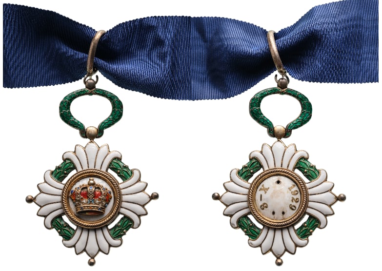 Order of the Yugoslav Crown: Commander's Cross, 3rd Class, instituted in 1930. Neck Badge, 76x54 mm, gilt Silver, both-sides enameled (stained), central medallion gilt silver, original suspension wreath, ring and short ribbon. Ve