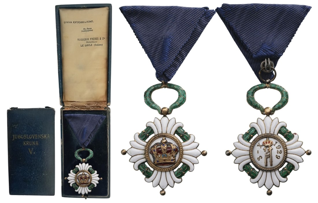 Order of the Yugoslav Crown: Knight's Cross, 5th Class, instituted in 1930. Breast Badge, 58x43 mm, gilt Silver, both-sides enameled, central medallion gilt silver, original suspension wreath, ring and ribbon, in original case of