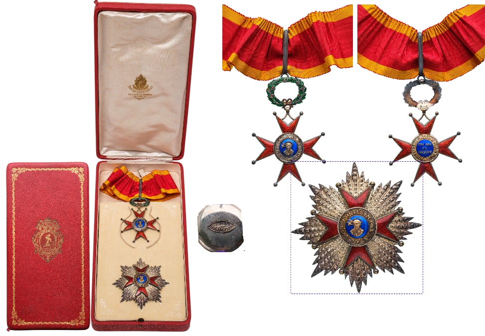 ORDER OF SAINT GREGORY: Grand Officer's Set, instituted in 1831. Neck Badge, 83x56 mm, gilt Silver, enameled, original suspension wreath, loop and ribbon. Breast Star, 78 mm, Silver, maker's mark "Tanfani & Bertarelli", diam