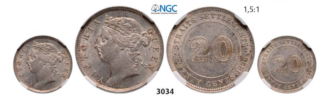 20 Cents 1893, Silver (5.43g): Country: STRAITS SETTLEMENTS (SINGAPORE/MALAYSIA) 20 Cents 1893, Silver (5.43g) Obv.: Crowned head left. Rev.: Value within beaded circle. KM# 12 Frosty! NGC MS62 (01/0) 2.000,(€ 230,)