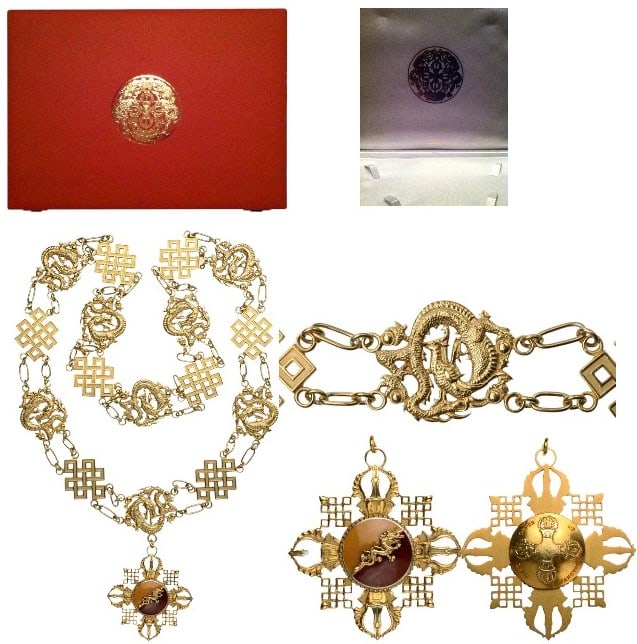 Order of the Power of the Thunder Dragon: A Gilt Silver Collar of the Order composed by 8 links representing the “dorji” or crossed bolts and 8 links shaped as dragons; the badge of the order in the form of a cross, whose arms are mad