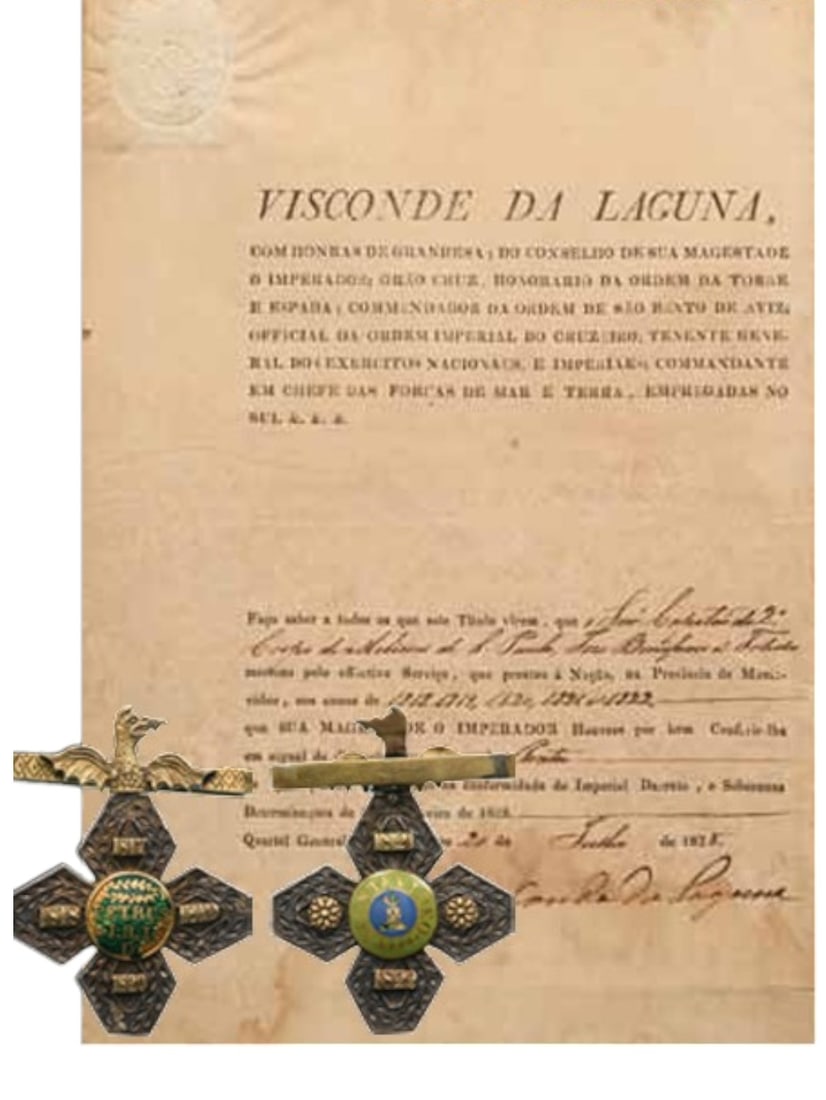 The Distinction and Campaign Medal of the Southern Army: Also known as the “Medal of the Viscount of Laguna” or “Medal Lécor”: Gilt Silver cross with roughly hexagonal arms, chiseled with a border of stylized laurel leaves; the obverse with