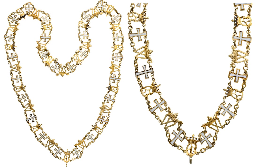 The Order of Dannebrog: An early Grand Cross Collar of the Order in firegilt Bronze, composed of 24 white/red lacquered crosses, 12 crowned "W" and 12 crowned "C" monograms, one of these, with hook to which is suspend the Or