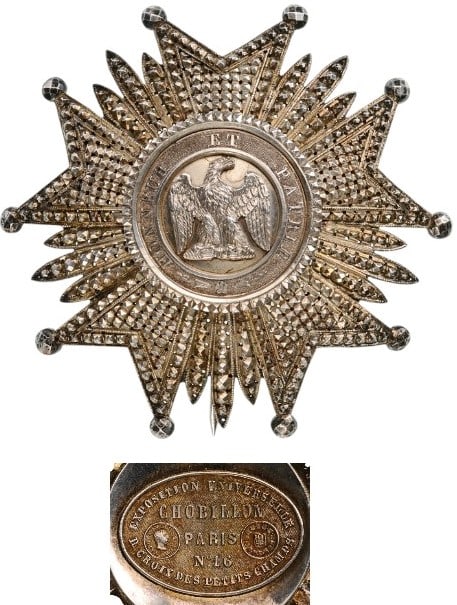 Order of the Legion of Honour: Grand Cross star of Prince size, with brilliant-cut chiseled and pierced silver body; the centre with applied Imperial eagle on polished ground within the outer circlet with the Order’s motto in pol