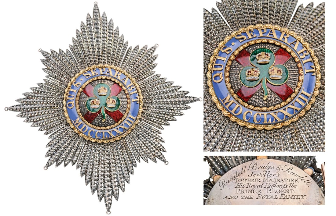 The Most Illustrious Order of St. Patrick: A Breast Star of the Order with eight groups of chiseled and pierced rays, each hinged to the centre and held in place by means of steel feathers and fitted with tiny, golden eyelets to the tips to se