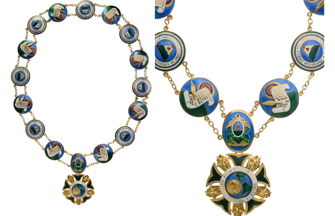 Civil Order Jose Cecilio del Valle: A Grand Collar of the Order in gilt Silver, composed of 7 circular links with the enameled symbol of the United Provinces of Central America, each bearing the inscription “PROVINCIAS UNIDAS DEl CENT