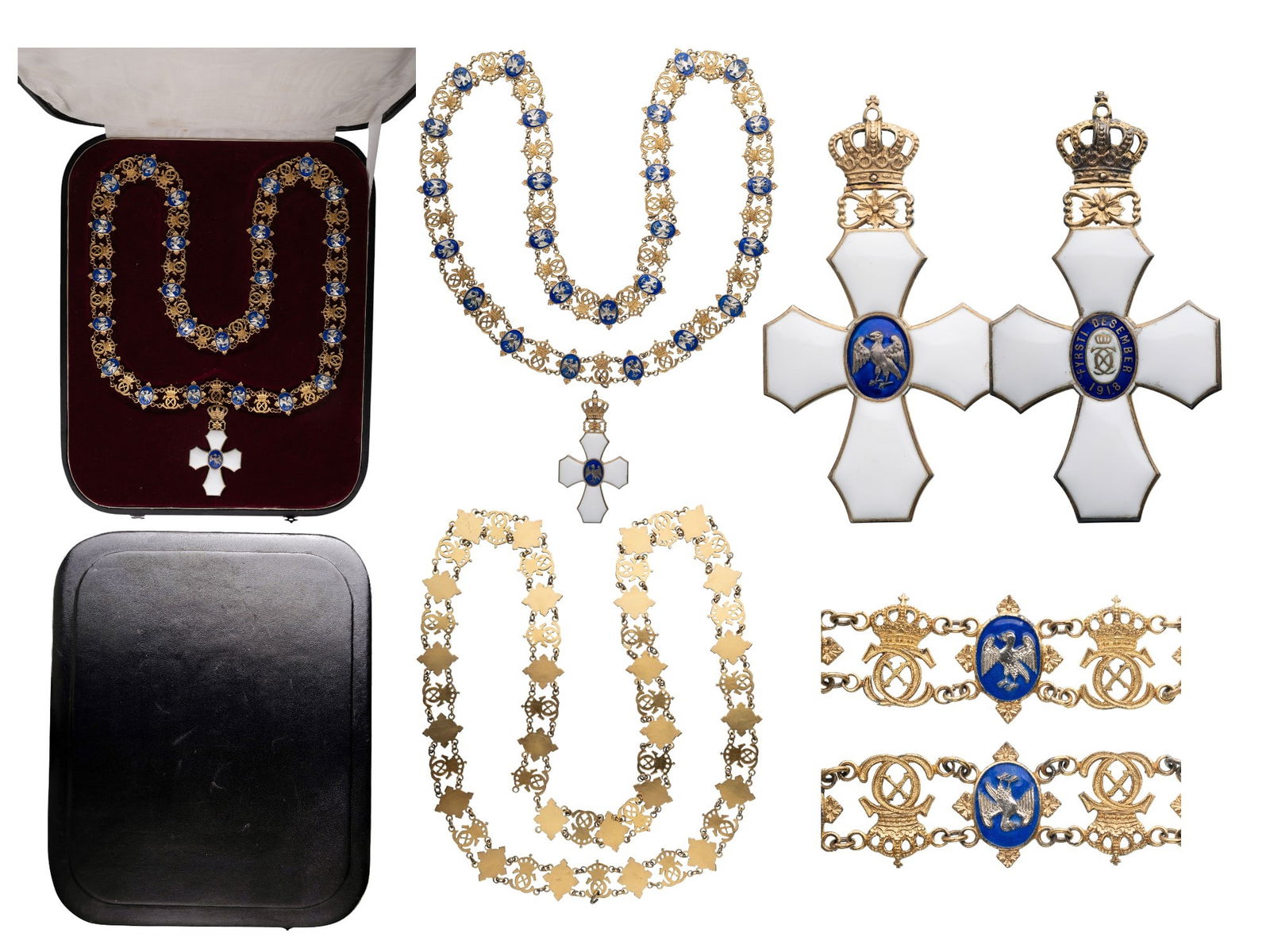 The Icelandic Order of the Falcon (Hin íslenska fálkaorða): A Grand Collar Class of the Order, 1st type (1921-1944) in gilt Silver, composed of 25 crowned „CX“ Royal monograms of the Danish King Christian X and 25 blue enameled, oval medallions bearing the