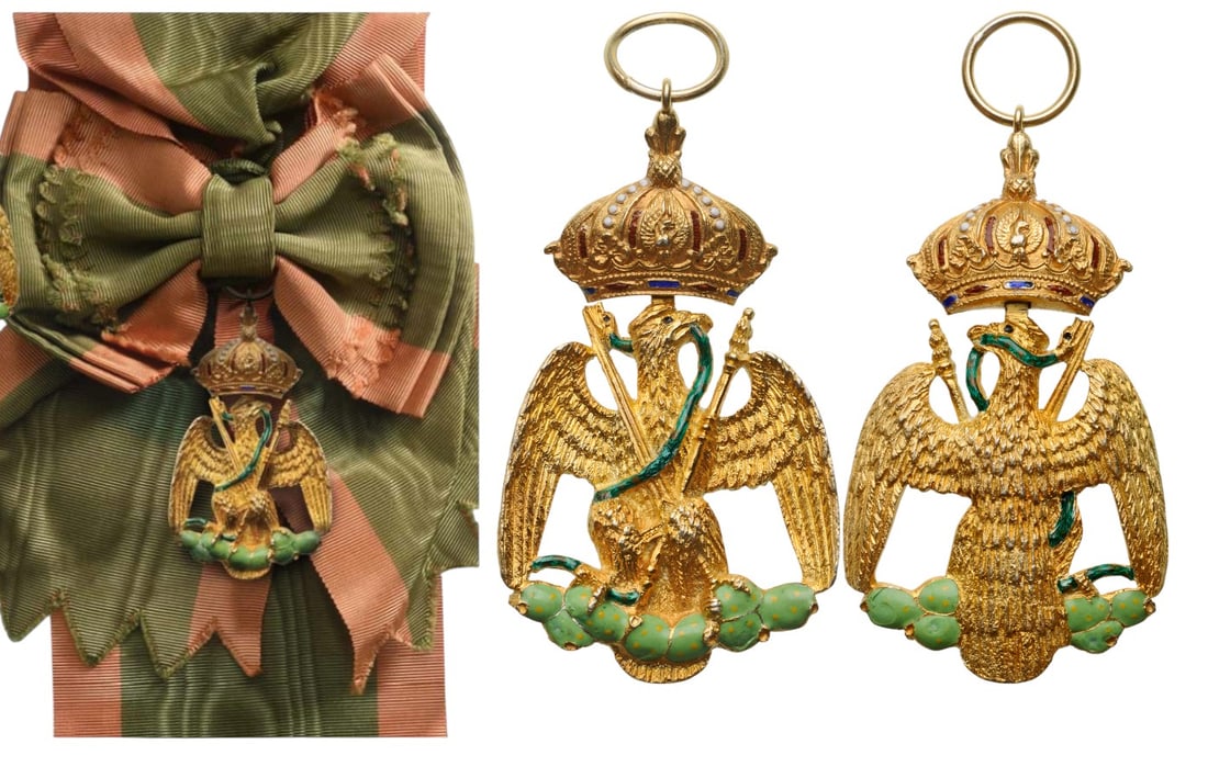 Order of the Mexican Eagle: A Grand Cross Badge of the Order in silver Gilt: the eagle, resting on a light-green enameled cactus, holding a green enameled snake in the beak, its body obliquely running to the obverse; crossed swo