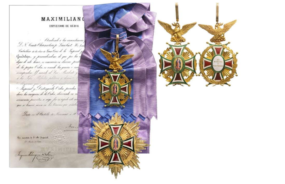 Order of Our Lady of Guadalupe: A Grand Cross Set: Sash Badge in Gold as a red enameled cross with green/white enameled border, flanked by polished, golden beams and surrounded by a golden laurel and palm wreath; obverse centre meda