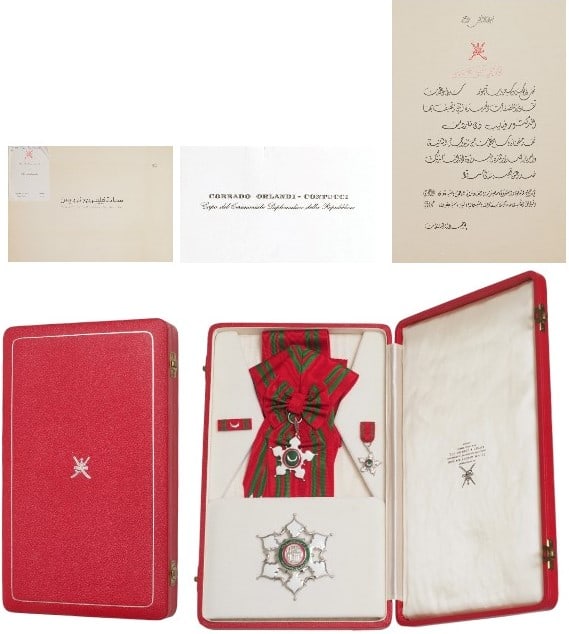 The Order of Oman: A Grand Cross set of the Order, Civil division: Sash Badge in white Gold as a white enameled five pointed star designed in a moresque style with ball- finials; dark green enameled centre medallion bea