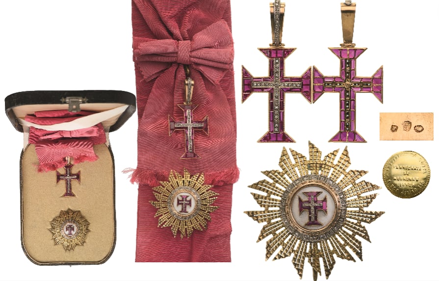 Military Order of Christ: A jewelled set of the Order: Sash Badge in Gold, profusely set with red stones, centered by Christ’s Cross in silver, set with diamonds; short, upper loop and tapering suspension ring, its obverse f