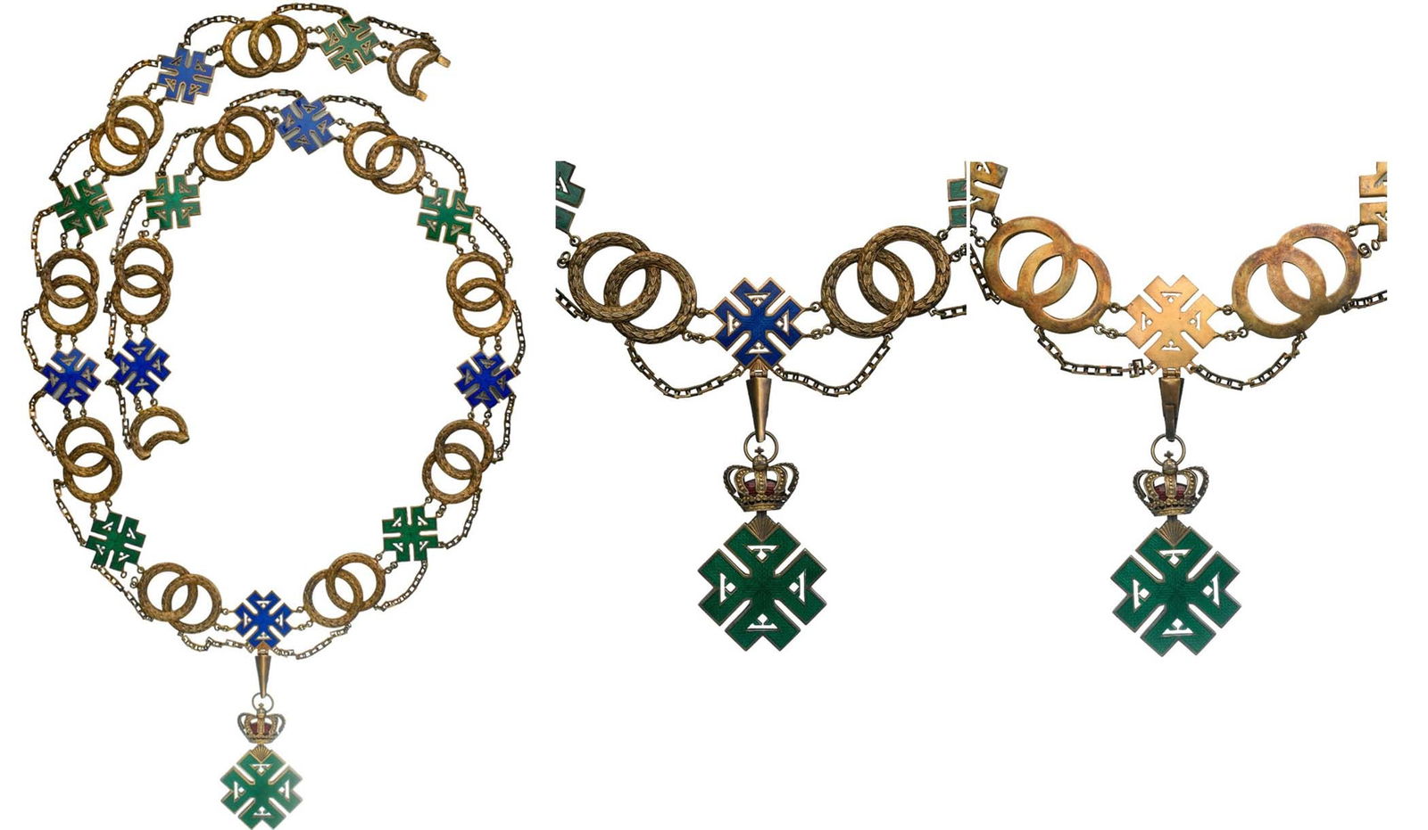 ORDER OF FERDINAND: Collar Chain and Collar Badge. gilt Silver, 69x44 mm, both sides enameled, original suspension ring. The Chain, silver gilt, one side enameled, 12 enameled medallions, The Order of Ferdinand I was ins