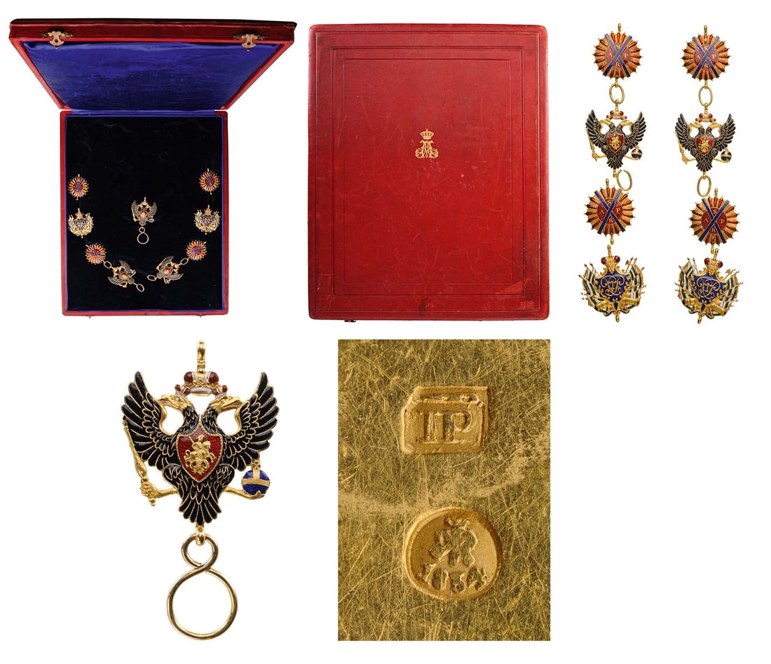 Imperial Order of St Andrew, the First Called: Order of St. Andrew Part of a Collar of the Order, composed by nine links:- two large trophies-of-arms with the imperial monogram of Tsar Peter I (47,0 x 45,0 mm.)- three imperial Russian eagle (51,0