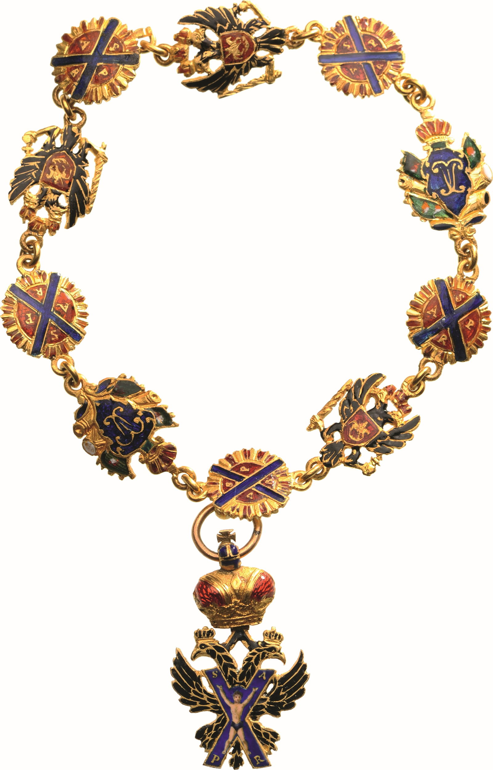 Imperial Order of St Andrew, the First Called: A Miniature Collar of the Order, in Gold, composed of three links representing the Imperial eagle; three links as a trophy of arms with the golden monogram of Tsar Peter I and five links with the St.