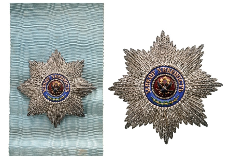 Imperial Order of St Andrew, the First Called: A Breast Star of the Order, with finely chiseled and pierced silver rays; orange-red enameled centre medallion with separately-made black enameled double eagle, bearing the blue enameled St.Andrew’s