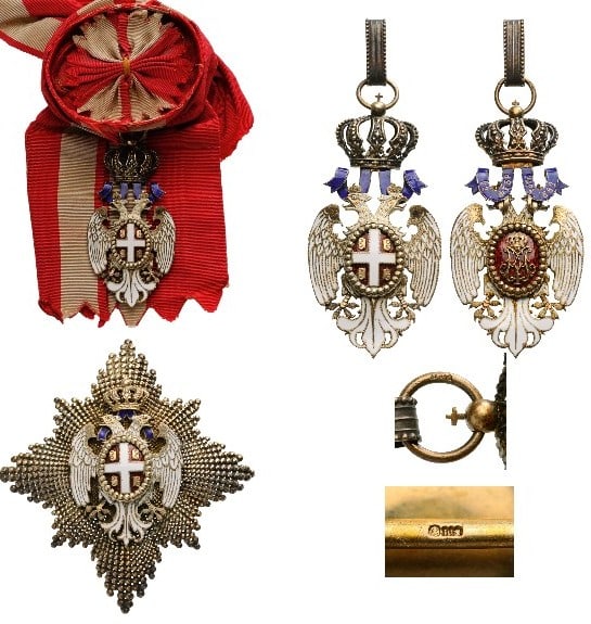 Order of the White Eagle: A 1st Class Set of the 1st Type, awarded in 1883-1903: Sash Badge in gilt Silver and white enamel; oval centre medallion with the arms of Serbia on red enamel, outer circlet with diamond-cut ornament;
