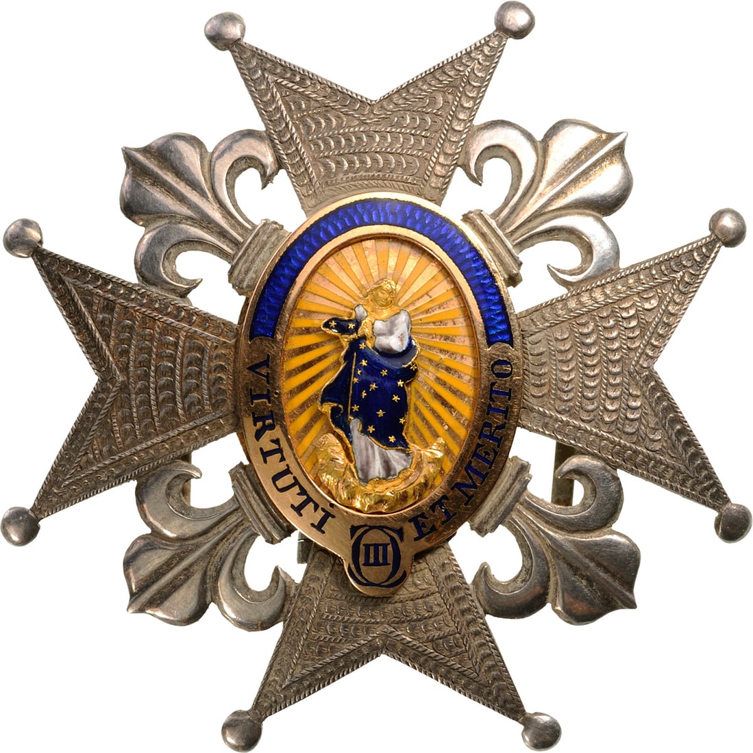 Order of Charles III: An early Breast Star of reduced size; silver rays, imitating the embroidery, flanked by fleurs de lys; gold centre medallion with polychrome enameled image of the Holy Virgin on beaming ground; golden