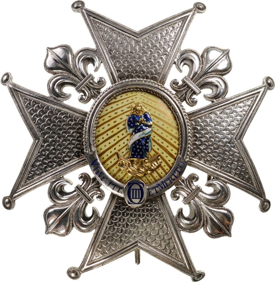 Order of Charles III: An early Grand Cross Breast Star of large size, from the last years of 18th or the earliest 19th Century; the silver cross’s arms, made to imitate the sequined embroidery, flanked by fleurs-de-lys;