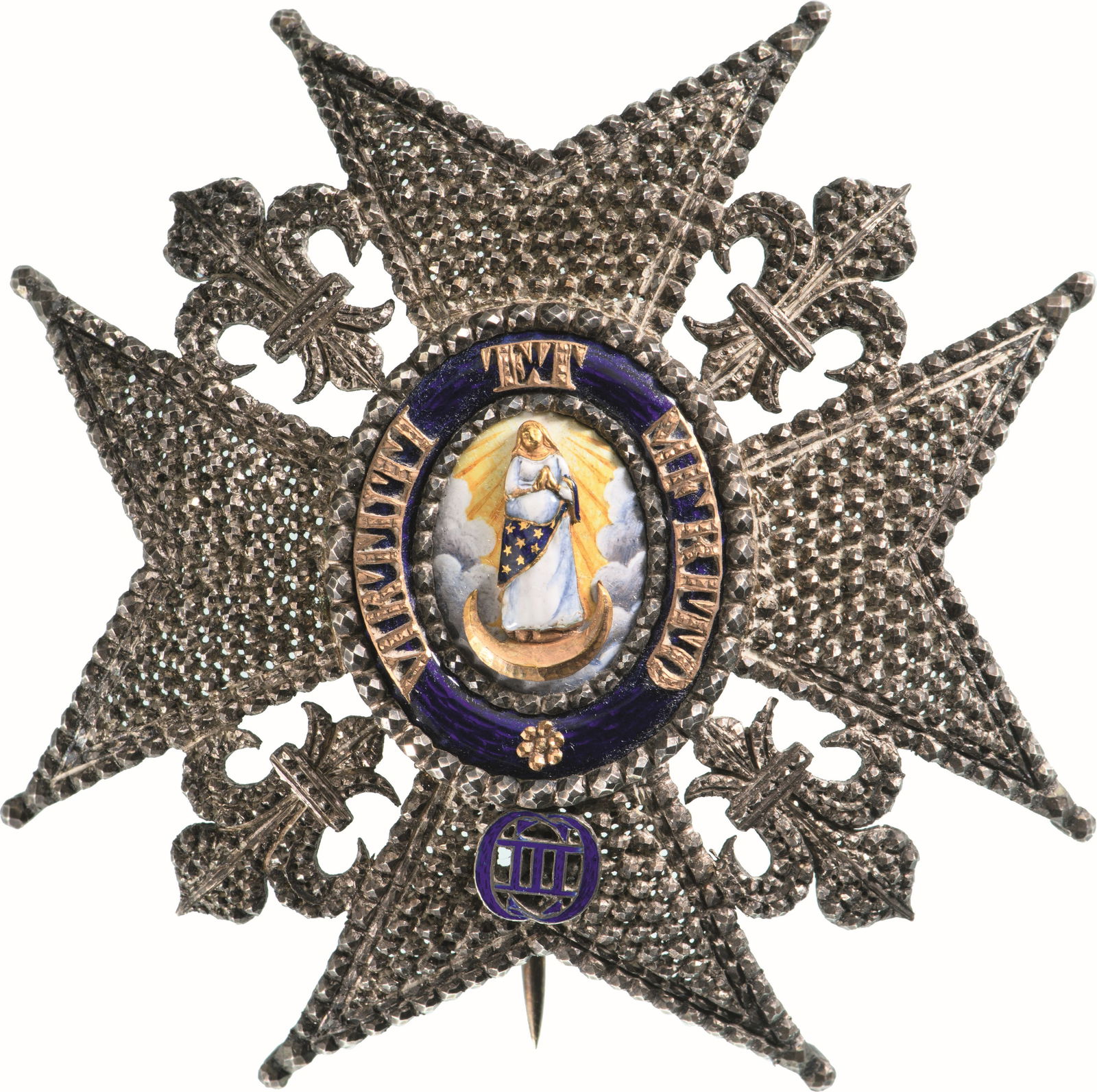 Order of Charles III: A Grand Cross Star in Silver with finely chiseled and pierced arms and fleurs-de-lys; centre medallion with exceptionally executed image of the Virgin in gold and polychrome enamel, standing on a cres