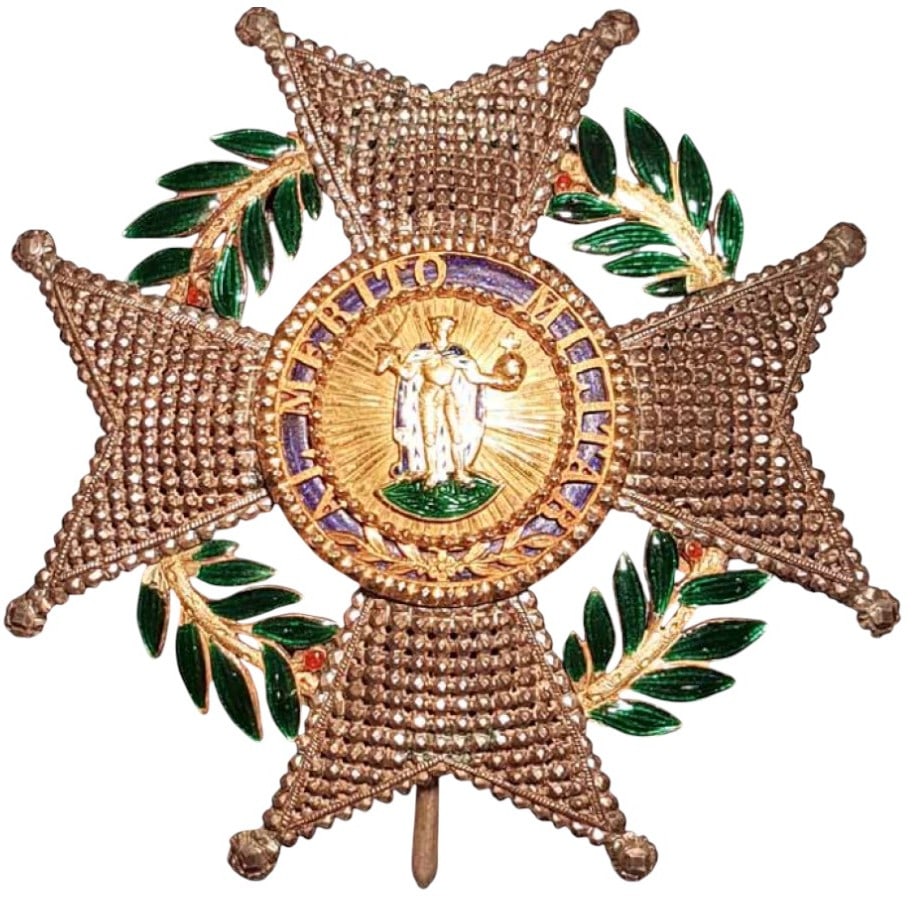 Order of St. Ferdinand “Laureada: A Grand Cross Star with chiseled and pierced arms, flanked by green enameled laurel branches made of gold; rich centre medallion, granulated and beamed, with chiseled and enameled image of the saint i