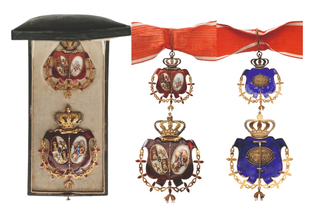 Real Maestranza de Caballerias de Sevilla: A complete set to a member of the Real Maestranza: Neck Decoration in Gold: red enameled shield, two ovals depicting the royal arms of Spain and Sevilla, divided by a vertical, gold sceptre; the whole