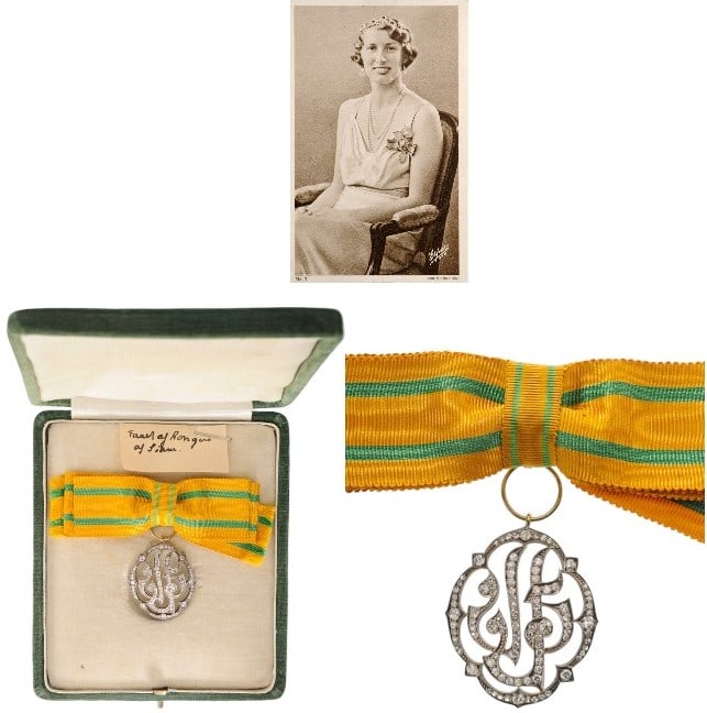 The King Prajadhipok’s (Rama VII) Royal Cypher Medal: A First Class Breast Badge (BE2469-2478 or 1926-35 A.D.), in the form of the Royal cypher in Gold, profusely set with Diamonds; small suspension loop and round, ribbon-ring; with original, ladies’ b